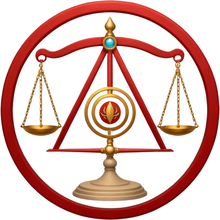 A circular casting sigil inspired by the Wizard101 Balance School, featuring ancient alchemical and arcane motifs. The base color is sand, with red trim accents. At the center is a golden balance scale as the primary focal symbol. emoji