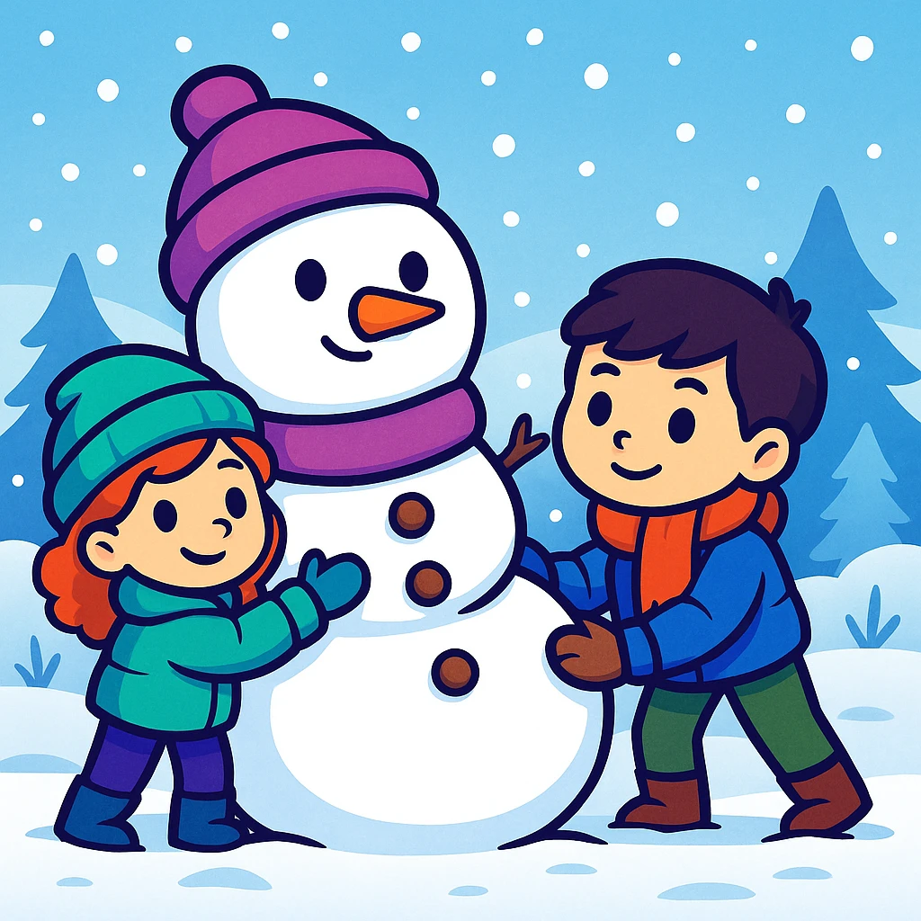 Show two different kids (different hair and clothing colors) building a snowman in a snowy background, keep the sticker style emoji