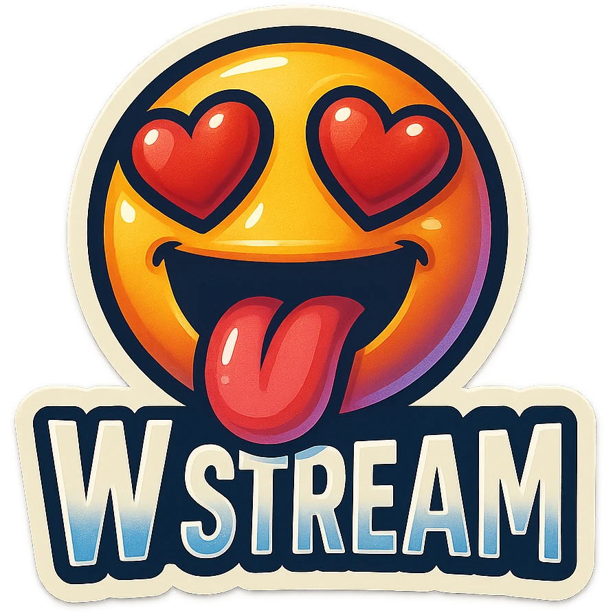 mouth open with tongue out heart shaped eye add the words “ W Stream " in White emoji