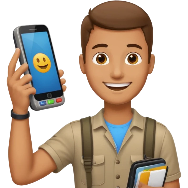 Draw a male tourist who pointed his phone to scan a QR code at a POS terminal. In the style of an Apple emoji emoji