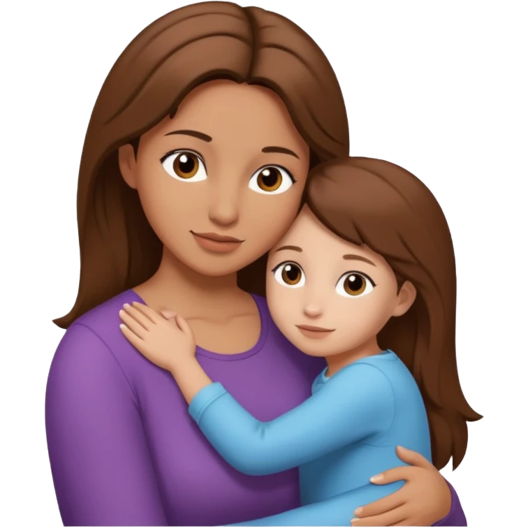 Crea a una mamá abrazando a una niña pequeña (su hija) la madre morena y la hija blanca y de cabello castaño emoji