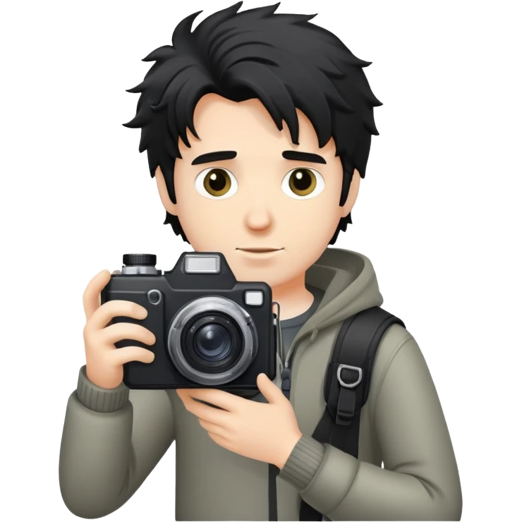 a white man with black messy hair holding a foto camera emoji