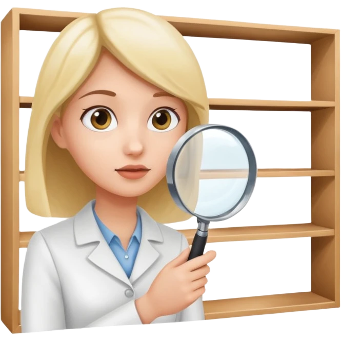 emoji of white empty shelf in perspective view with a standing woman nearby, she is looking at the shelfs with a magnifying glass emoji