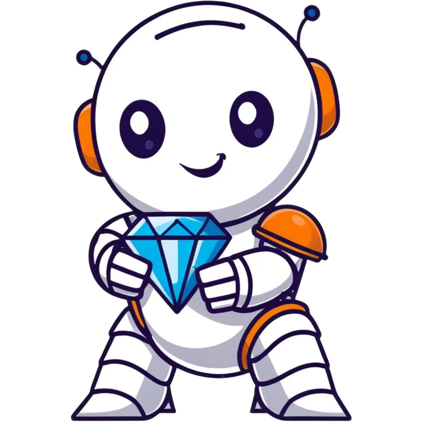 smiling robot holding a blue diamond emoji