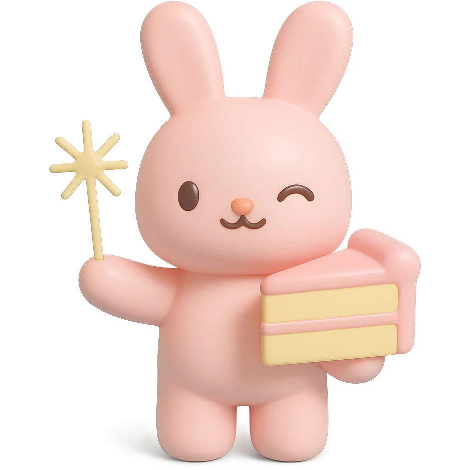 bunny holding cake slice and sparkler, winking, vinyl figure style emoji