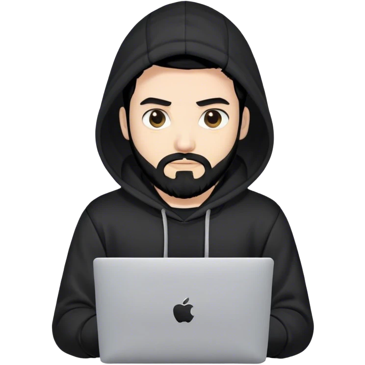 hackeur blanc cheveux noir barbe et capuche noir avec un macbook emoji