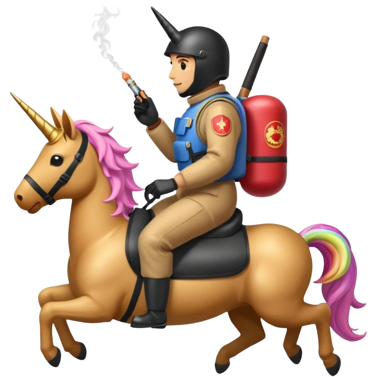 Person wearing bomb suit riding a unicorn smoking a cigar  emoji