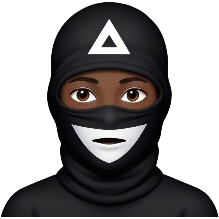 Guy with black baclava like face cover with an upside down white triangle face pattern emoji