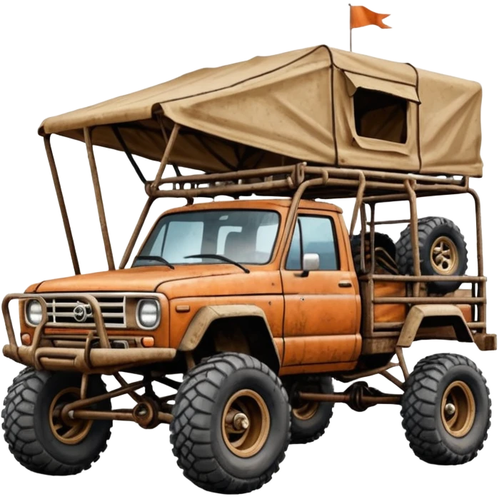 Off road Race truck whose frame and detailed suspension is made of shopping cart material with padded roll cage, roof rack, winch, and antique style handmade bodywork (survivalist style) emoji