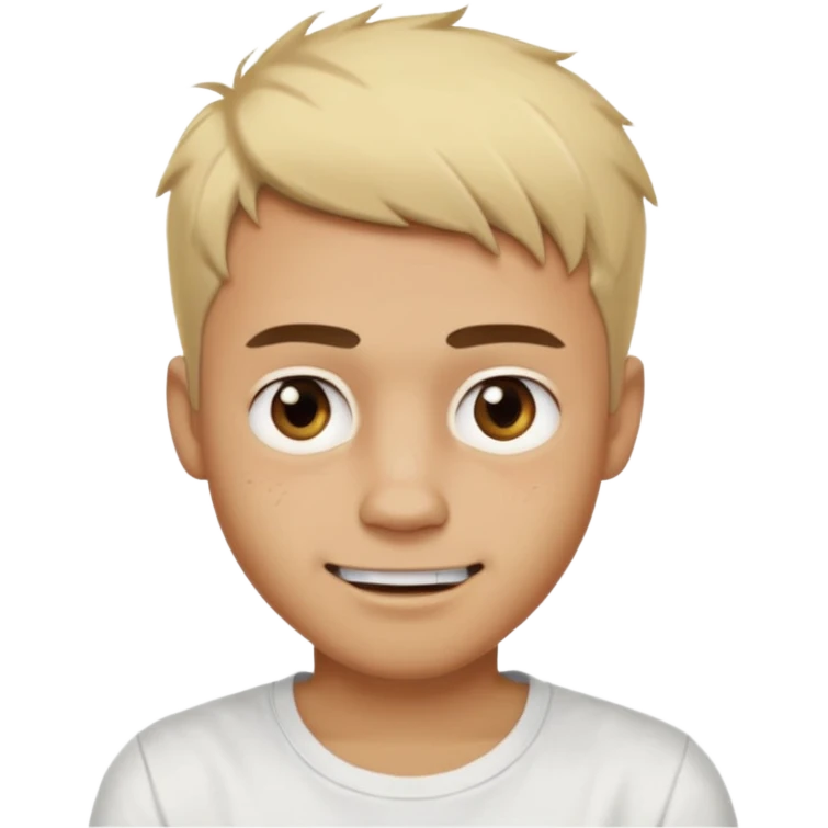 Male with short, messy blonde buzzstyle hair, large expressive golden-brown eyes, brown skin, subtle facial bruises and scratches, crooked smile showing slightly damaged teeth, wearing a plain white t-shirt. emoji