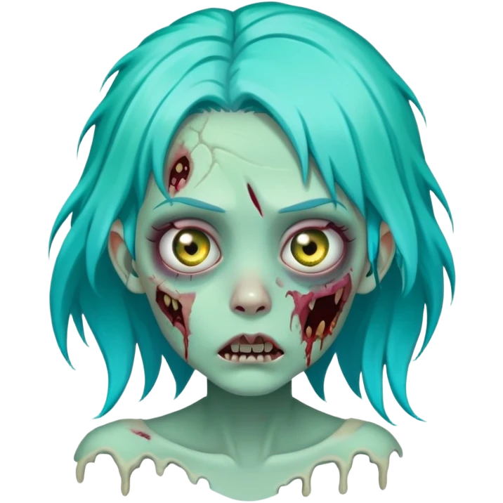 female zombie with bright turquoise hair, rotting skin, sunken eyes, cute but scary emoji