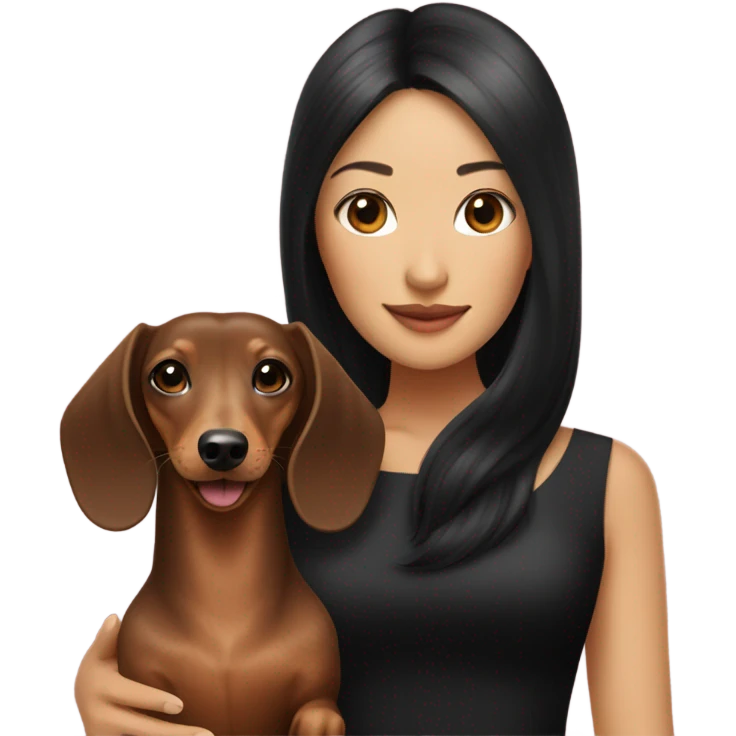 Long-haired dachshund with black-haired Asian girl wearing black dress emoji