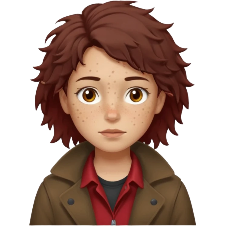 Hobo tomboy with light skin, freckles, dark brown shoulder-length hair in a messy style, brown eyes, dark brown coat, dull red shirt. emoji