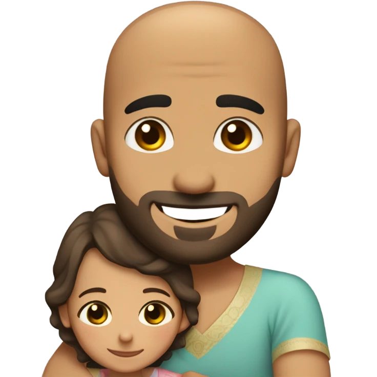 Brown-haired Puerto Rican woman with dark brown eyes wearing a cute blouse giving a comforting hug to a short, bald man with brown eyes, laugh lines, and a beard emoji