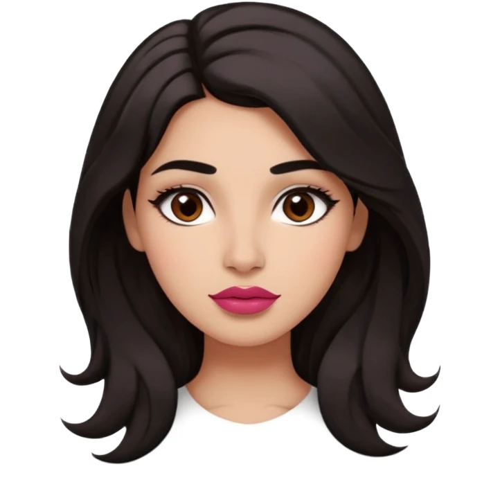 Warm medium olive tone / large dark eyes/ well shaped straight brows thick/  full natural lips pink red / nose straight greek / cheeks blushed / hair dark brown to black wavy long thick layers emoji