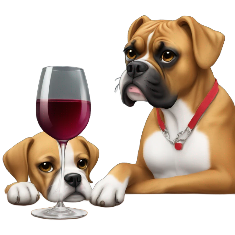 boxer dog drinking wine next to young blonde girl emoji