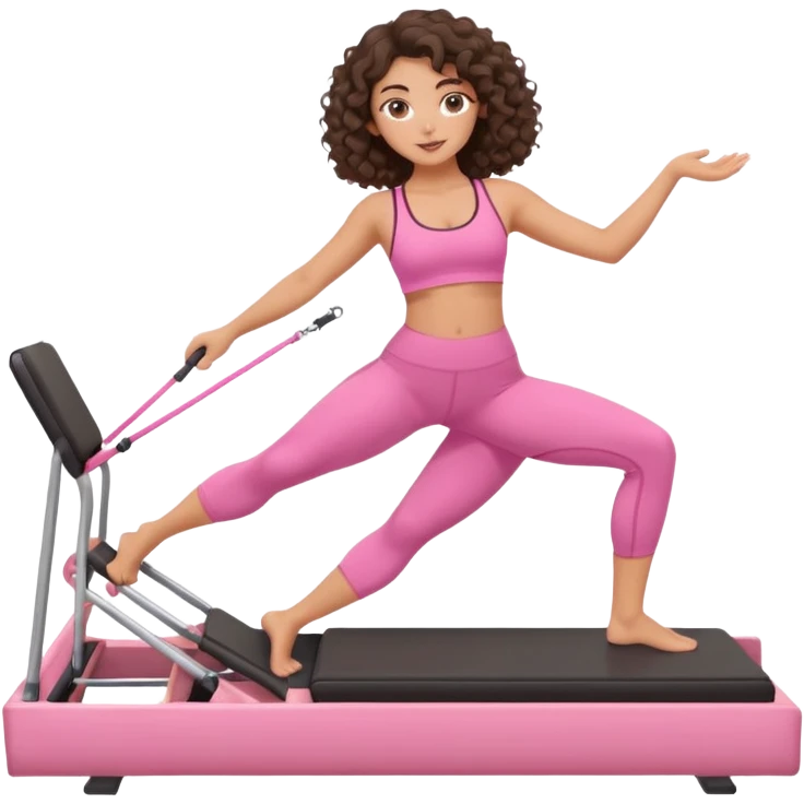 brunette,curly hair shoulder lenght,turkish,beautiful,with some eyelined eyes, 3b girl doing reformer pilates with pink pilates cutesy set,on reformer machine,making different moves. emoji