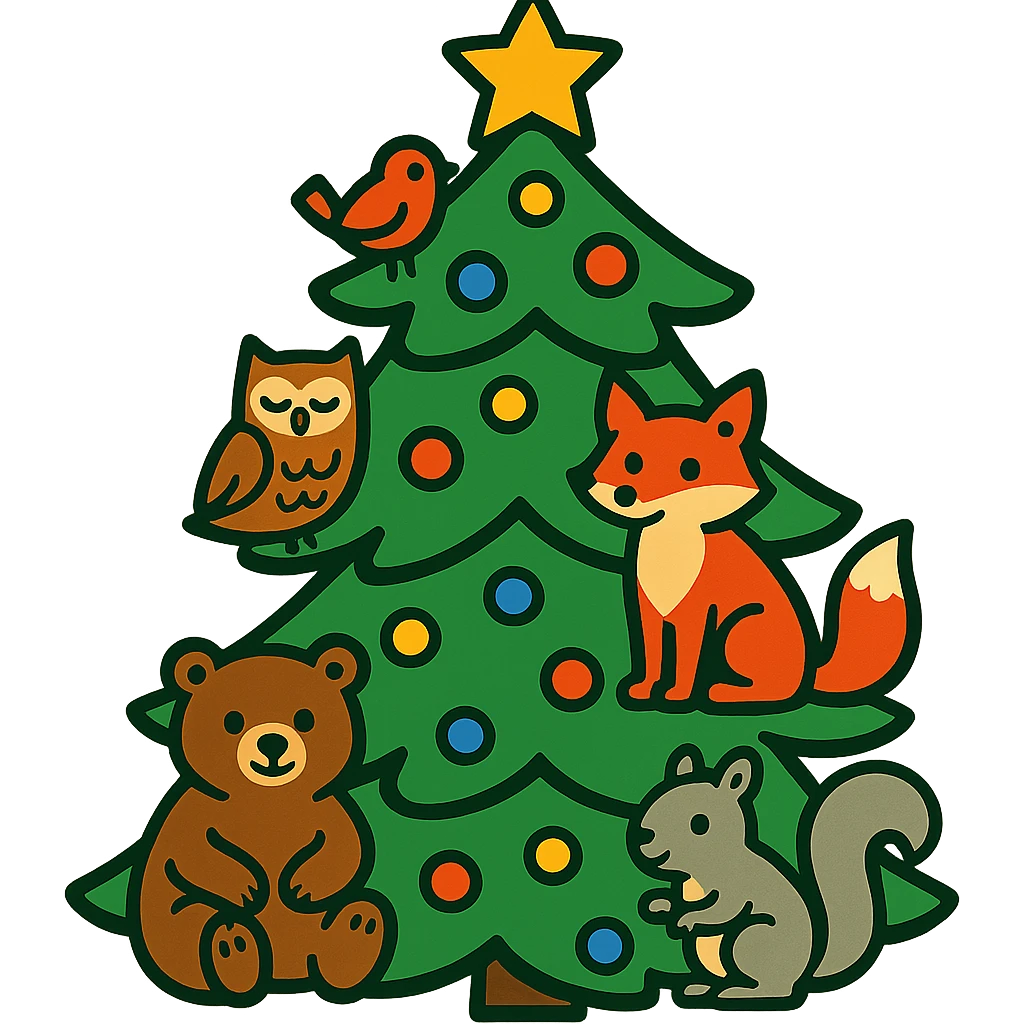 pine tree decorated with woodland critters in vibrant-toon style emoji