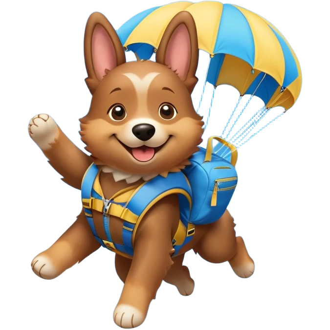 A cheerful cartoon dog wearing a parachute pack, mid-air with a parachute open above, smiling with ears flapping in the wind, surrounded by fluffy clouds and a bright blue sky. emoji