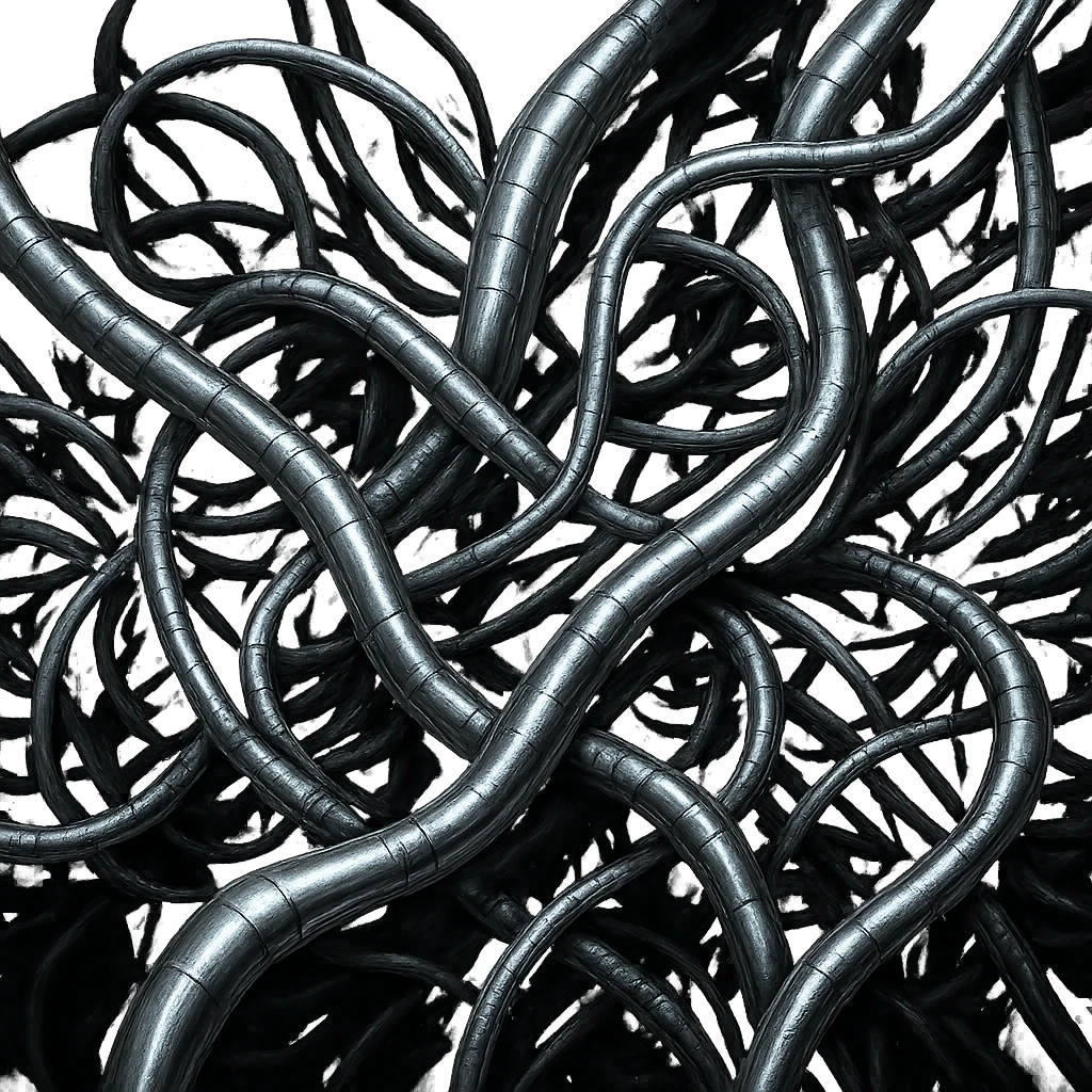 Make the intertwined wires appear highly metallic, with reflective chrome and steel textures, biomechanical, Giger-inspired, dark and surreal. emoji