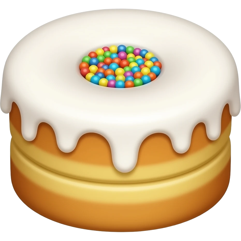 Создай кулич в стиле эмоджи iPhone — это круглая, слегка выпуклая форма с мягкой, золотистой корочкой, будто только что из печи. Верхушка украшена белоснежной глазурью, которая стекает по бокам капельками. В центре — разноцветная посыпка: крошечные сахарные шарики. emoji