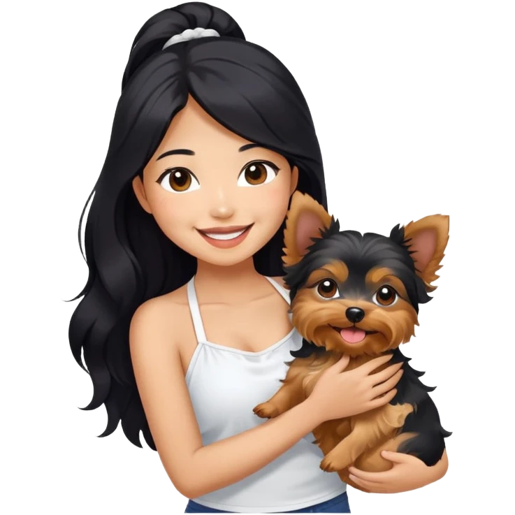 Pretty Asian girl with long, luscious wavy black hair, wearing a cute sleeveless white halter top, smiling warmly while carrying a Yorkshire Terrier in her arms emoji