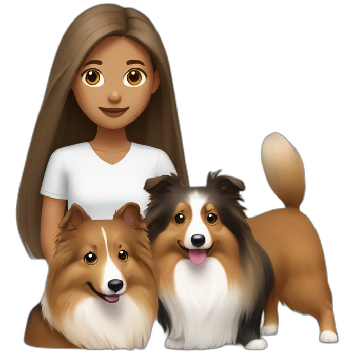 yong woman with light-broun straight hair holds a sable sheltie and bi-black sheltie emoji
