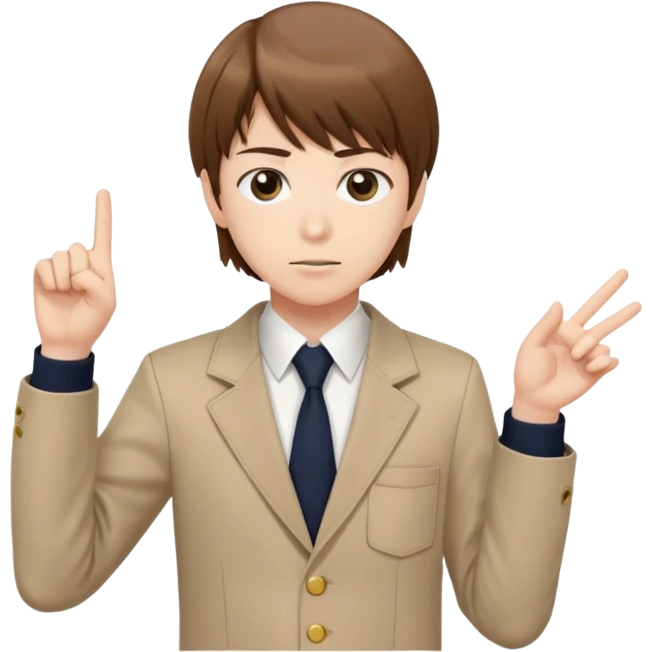 Light Yagami from Death Note, brown hair, school uniform, explaining something with a confident expression and hand gesture emoji