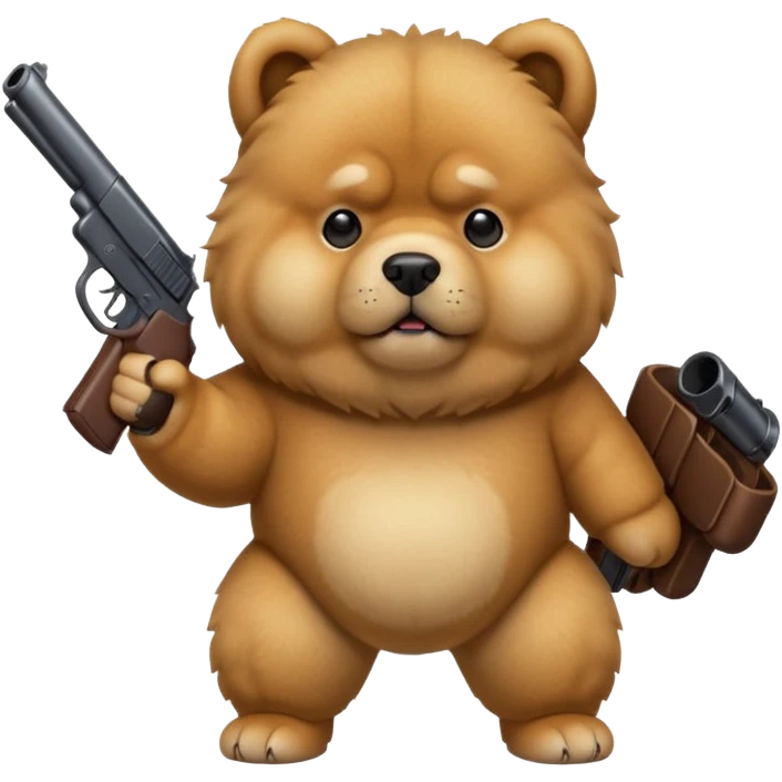 Funny realistic-style chow chow dog with light fur standing on its hind legs and holding a gun menacingly emoji