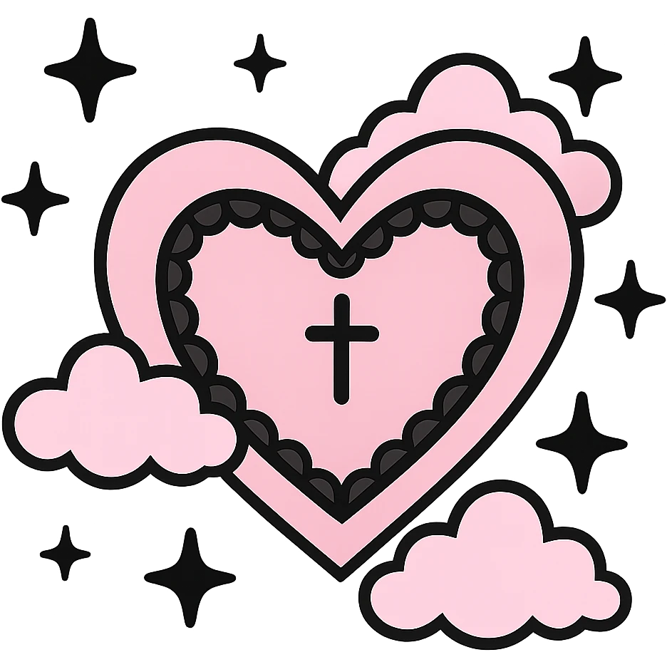 pastel goth heart with pastel clouds and black stars, soft pink and black, cute gothic style emoji
