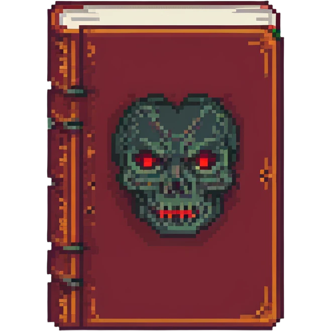 ancient red book with a sinister face pixel art emoji