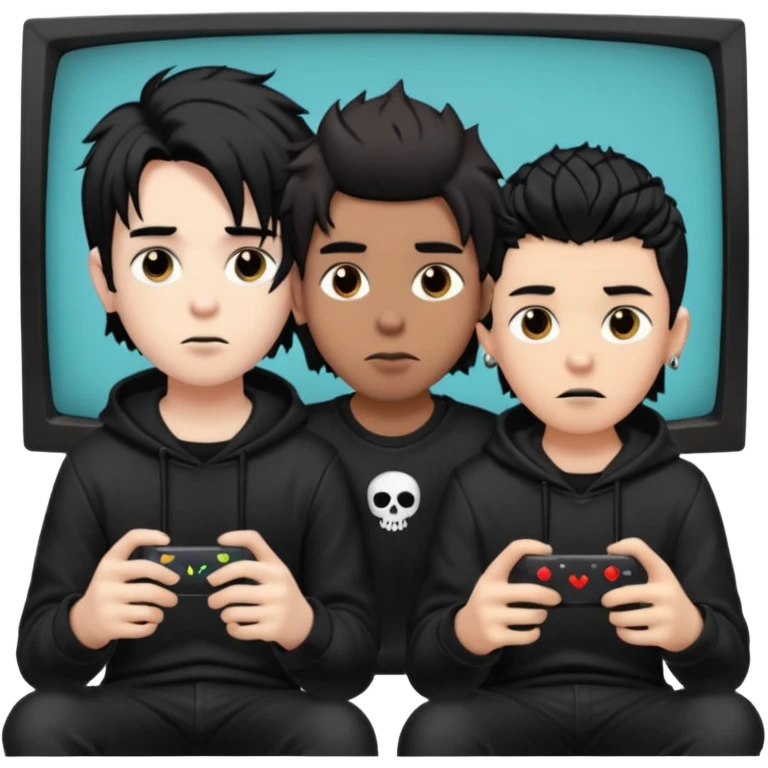 pale Goth boy with a bunch of face piercings, with shaggy dark brown hair, next to a tan skin gamer boy with long black hair , they are watching tv together  emoji