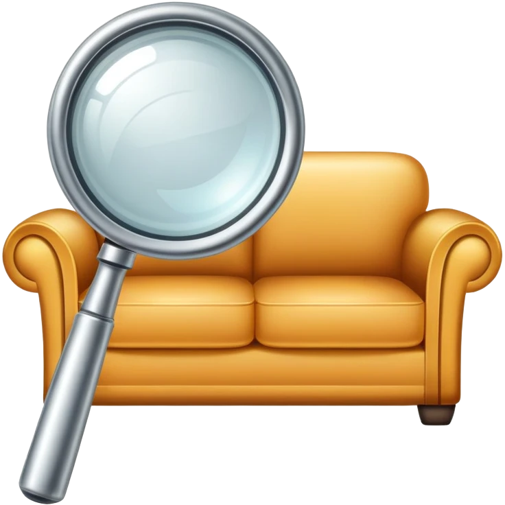 first-person view of a magnifying glass in foreground with a couch visible through the lens, furniture inspection emoji
