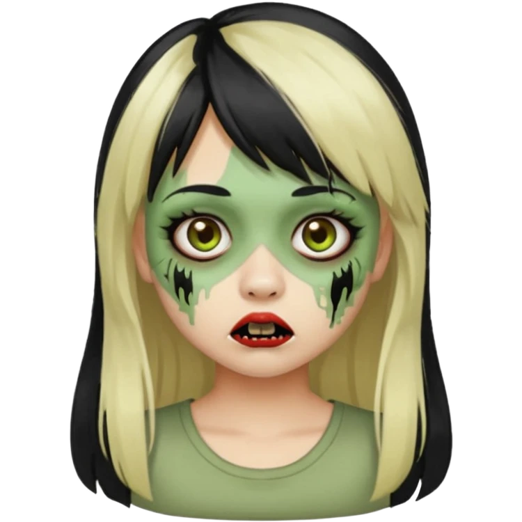 Girl with black hair and raccoon blonde streaks, bangs, light skin, zombie version, pale green skin, emoji style. emoji