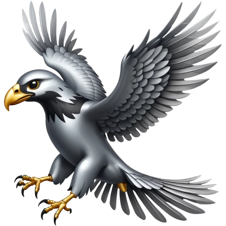 Emoji-style icon of a large metallic predatory bird flying, sharp wings, steel texture, dramatic pose, no gold no yellow emoji