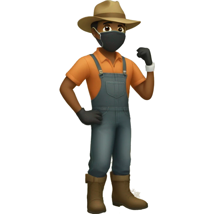a black man farmer wearing a boots, gloves, goggles, hat, pants and mask. emoji