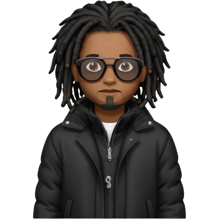 African American man brown skin complexion with black dreadlocks shoulder length wearing black bubble winter coat wearing black sunglasses standing up emoji