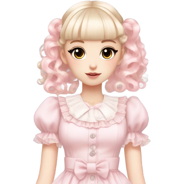 pale girl , who has curly medium length blonde and baby pink swirled hair with bangs , grey eyes , and doll like makeup , in a light pink lolita hime gyaru dress emoji