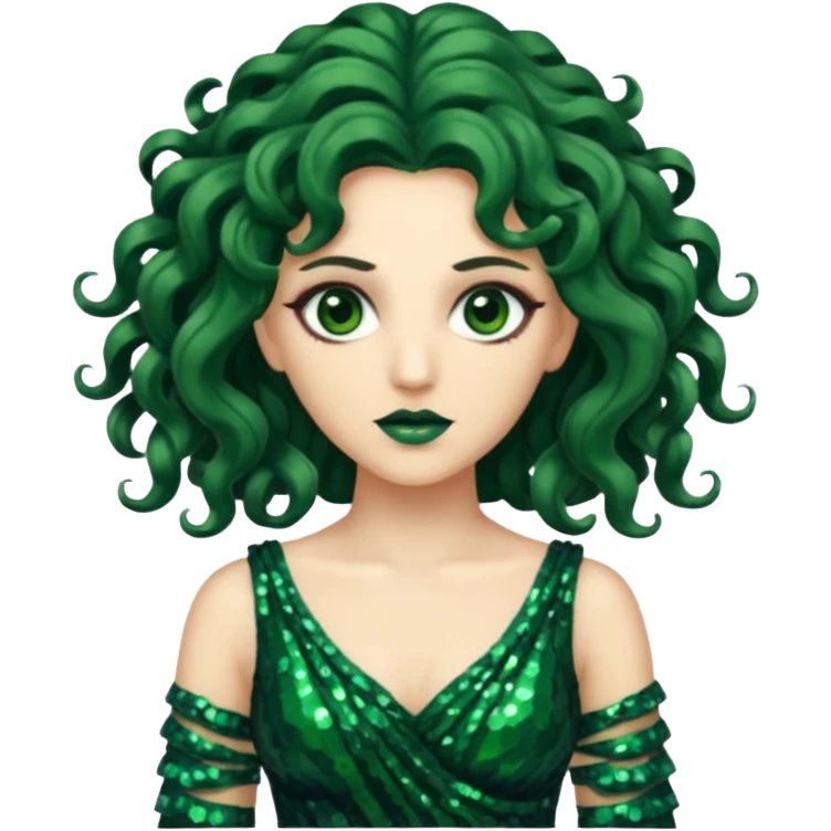 Medusa from Greek Mythology with long dark green wavy hair, green sequin dress emoji