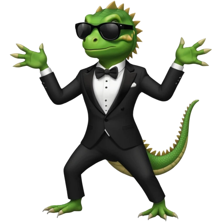capitalist iguana in tuxedo and black sunglasses dancing emoji