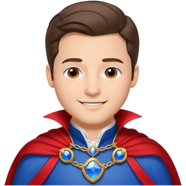 prince charming from snow white. He is brunette and has a red cape, under he's got a white shirt and a blue breast plate. He is smiling emoji