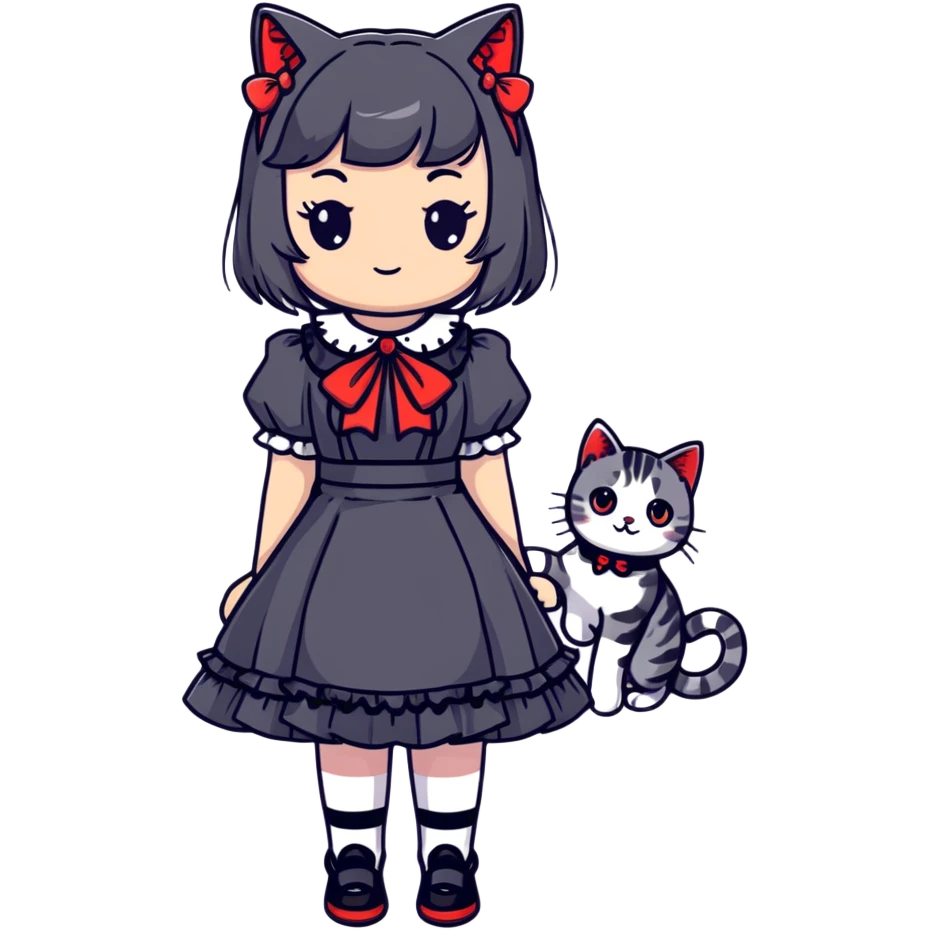 girl wearing black Lolita style dress, with medium-length black hair with red tips, and a gray American Shorthair tabby cat emoji