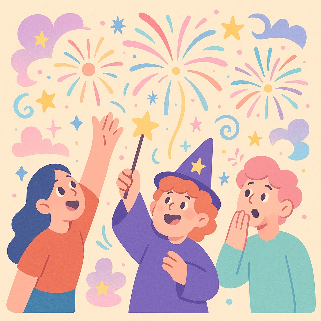 magic fireworks, whimsical, pastel colors, dreamy atmosphere emoji