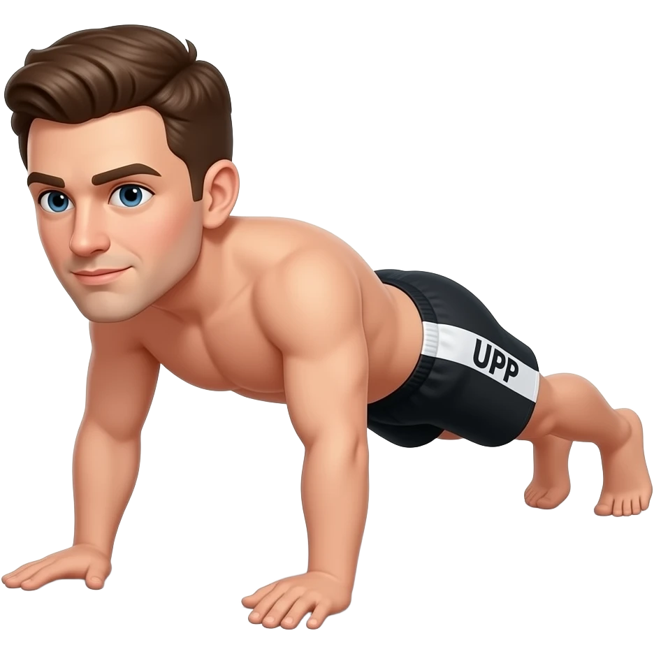 guy with brown hair with white white and black shorts that say "UPP" in white on the side doing a low plank (forearms / elbows touching the ground) emoji