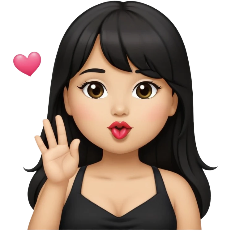 Latina girl light medium skin tone with bangs black long hair in pony tail plus size black dress blowing kiss emoji