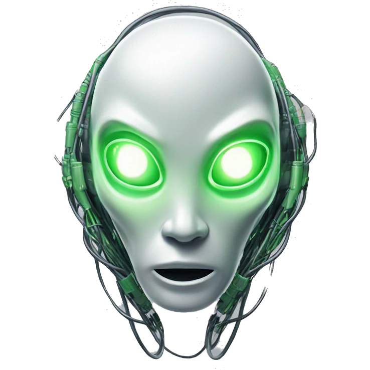 Round Alien cyborg head with glowing wires and green eyes  emoji