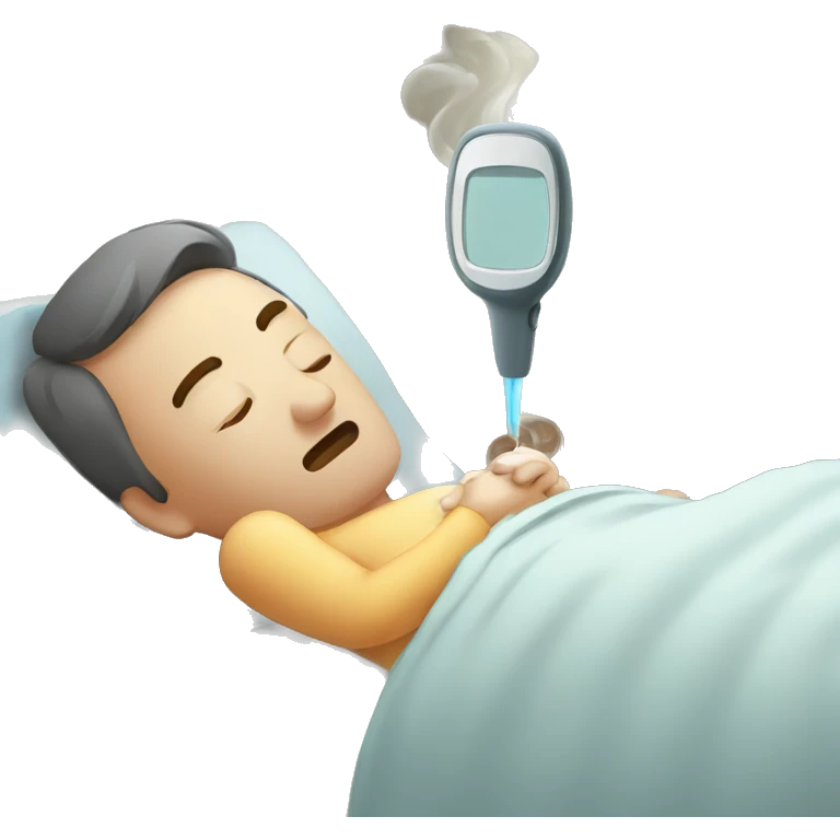 sick man lying on the bed, fever, thermometer with high temperature emoji