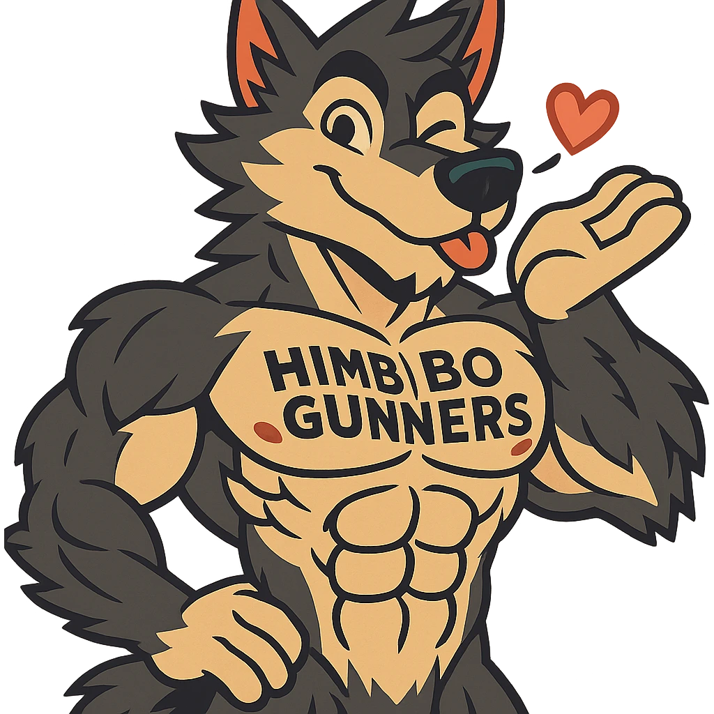extremely muscular wolf furry, shirtless, with 'Himbo Gunners' tattoo on his chest, blowing a kiss and winking, charming and playful, hyper-detailed muscles and fur, ultra high quality emoji