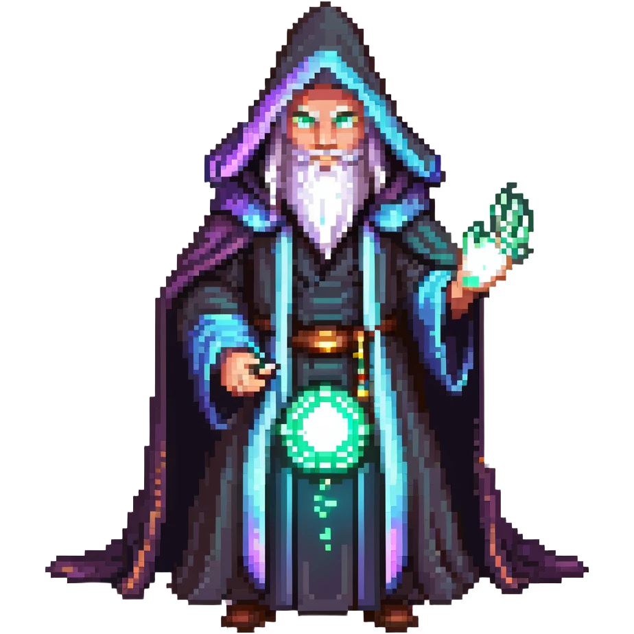 powerful wizard coding on a glowing magical keyboard, no laptop, mystical aura surrounding him, confident expression, looks like the ultimate boss of coding, wearing impressive dark robe emoji