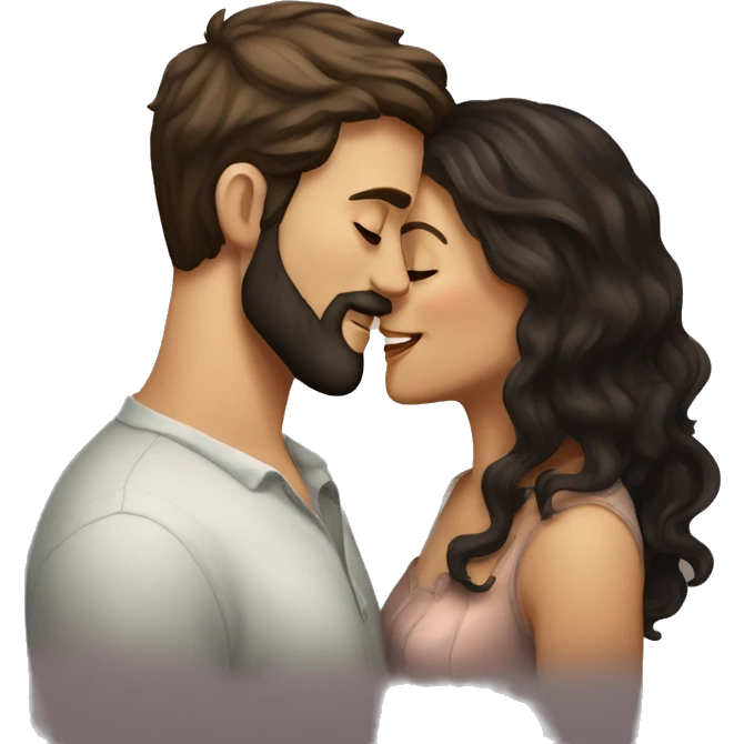 Beautiful fair woman with dark long wavy hair kissing tall handsome fair man with dark beard and short wavy hair emoji